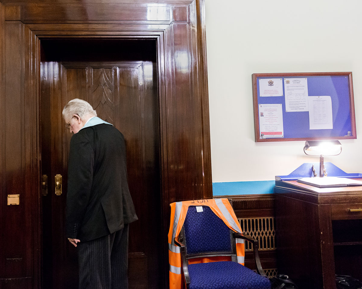 Tyler at ‘Freemasons’ Hall’, London, England, 2015. The Tyler has to guard the door during a meeting from the outside.
